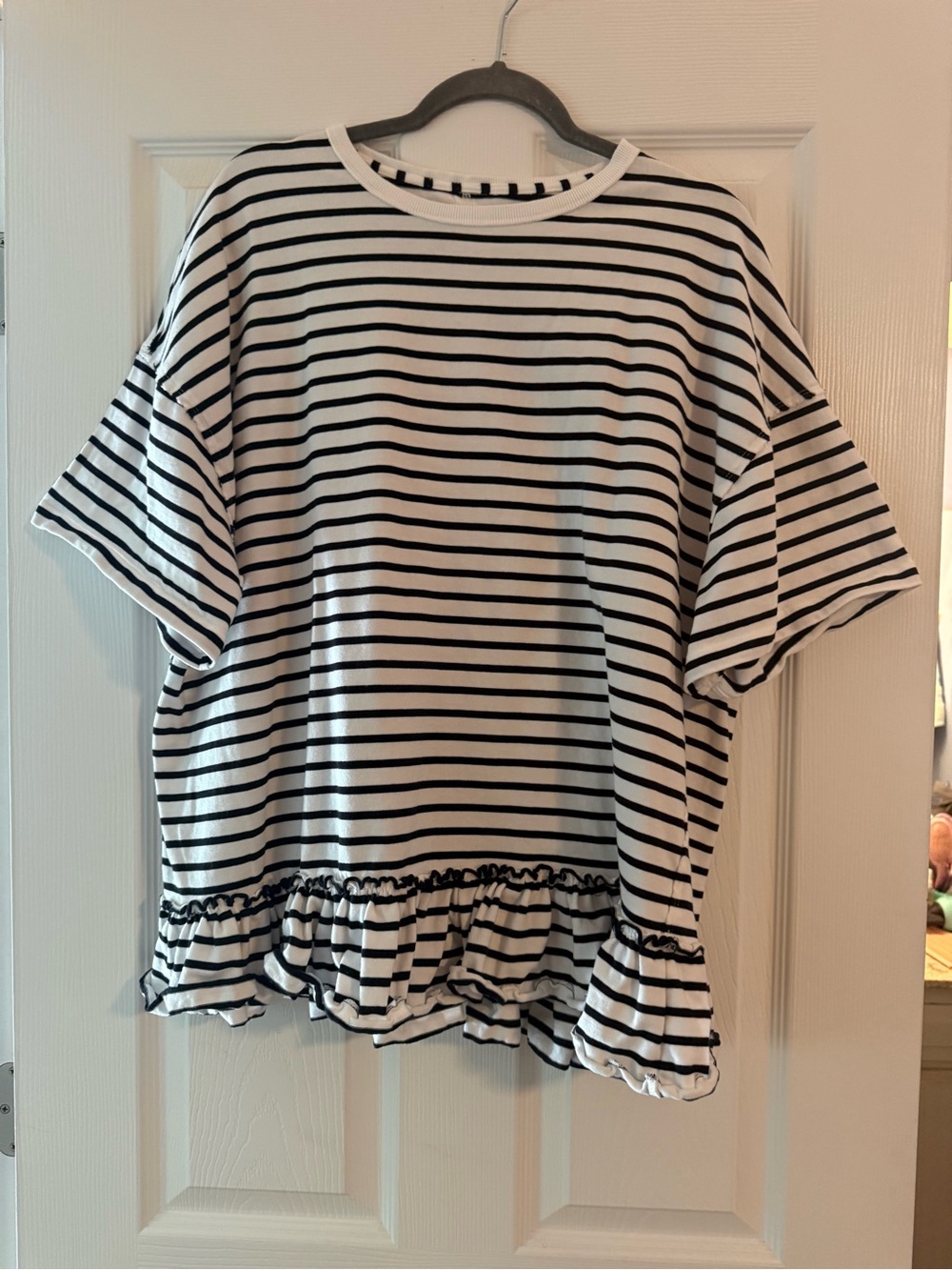 Free people Striped Ruffle Hem Short Sleeve Top - Black & White